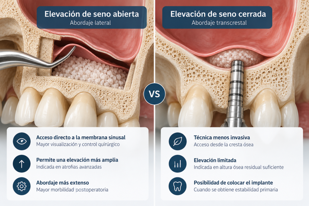 Elevación de seno abierta o cerrada: comparación entre abordaje lateral y técnica transcrestal.